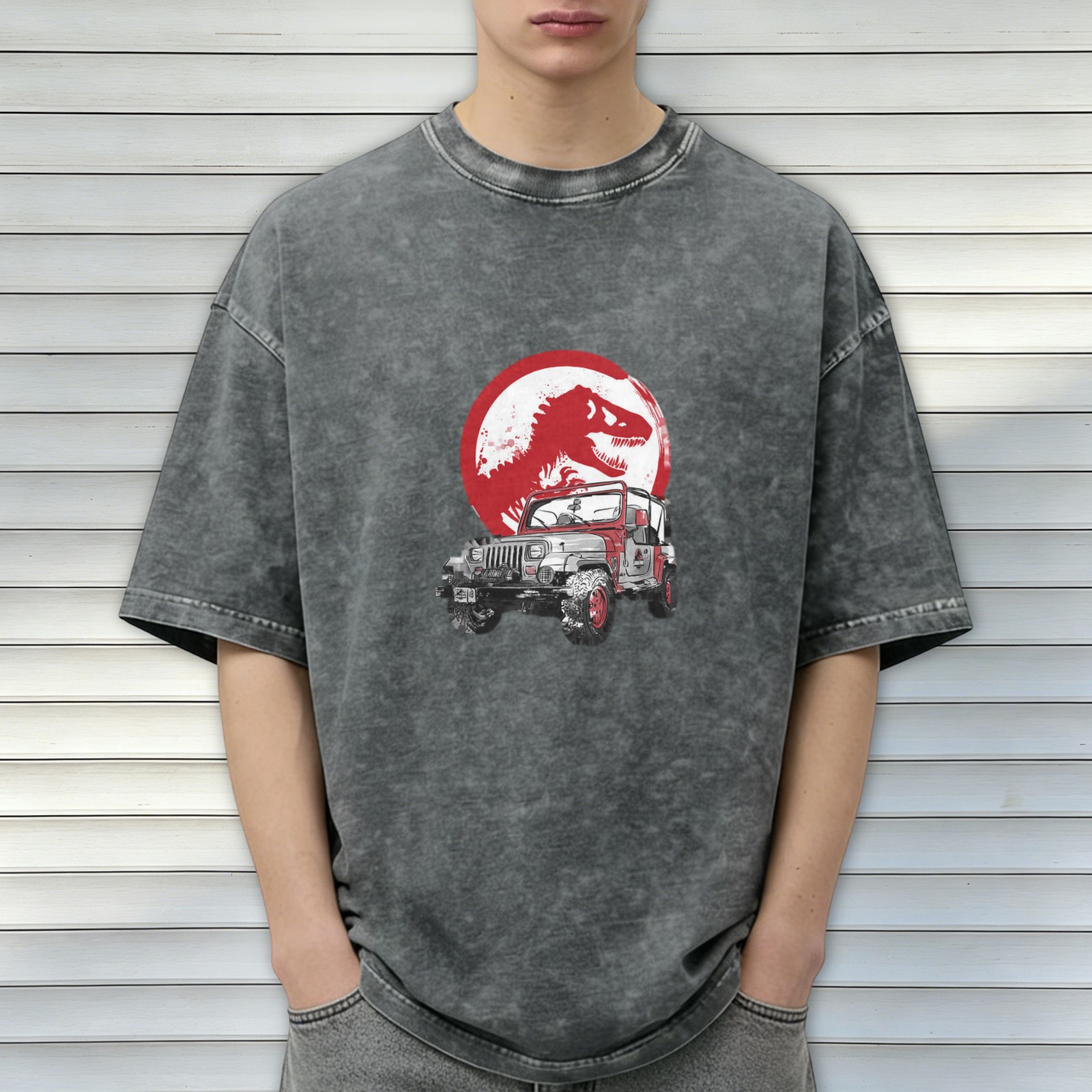 Washed Black T-Shirt with Dinosaur and Off-Road Jeep Graphic