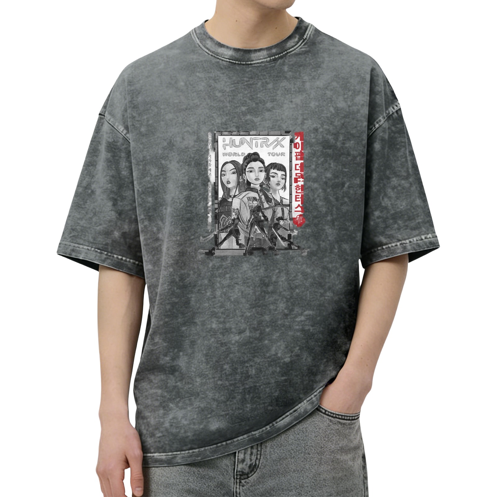 Oversized Black Acid Wash T-Shirt with Anime Girl Graphic Print