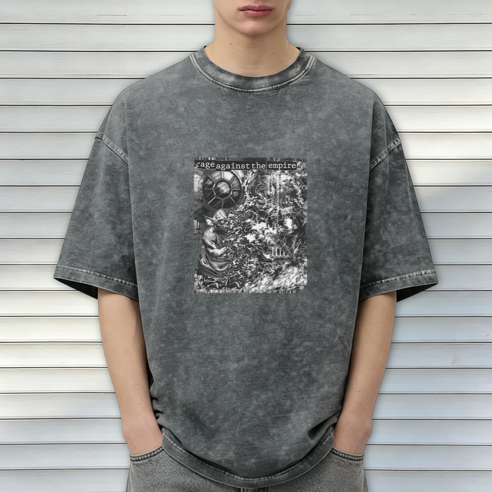Washed black graphic t-shirt with 'rage against the empire' Star Wars design