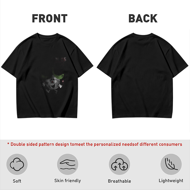 Olive green graphic t-shirt with playful cartoon character print