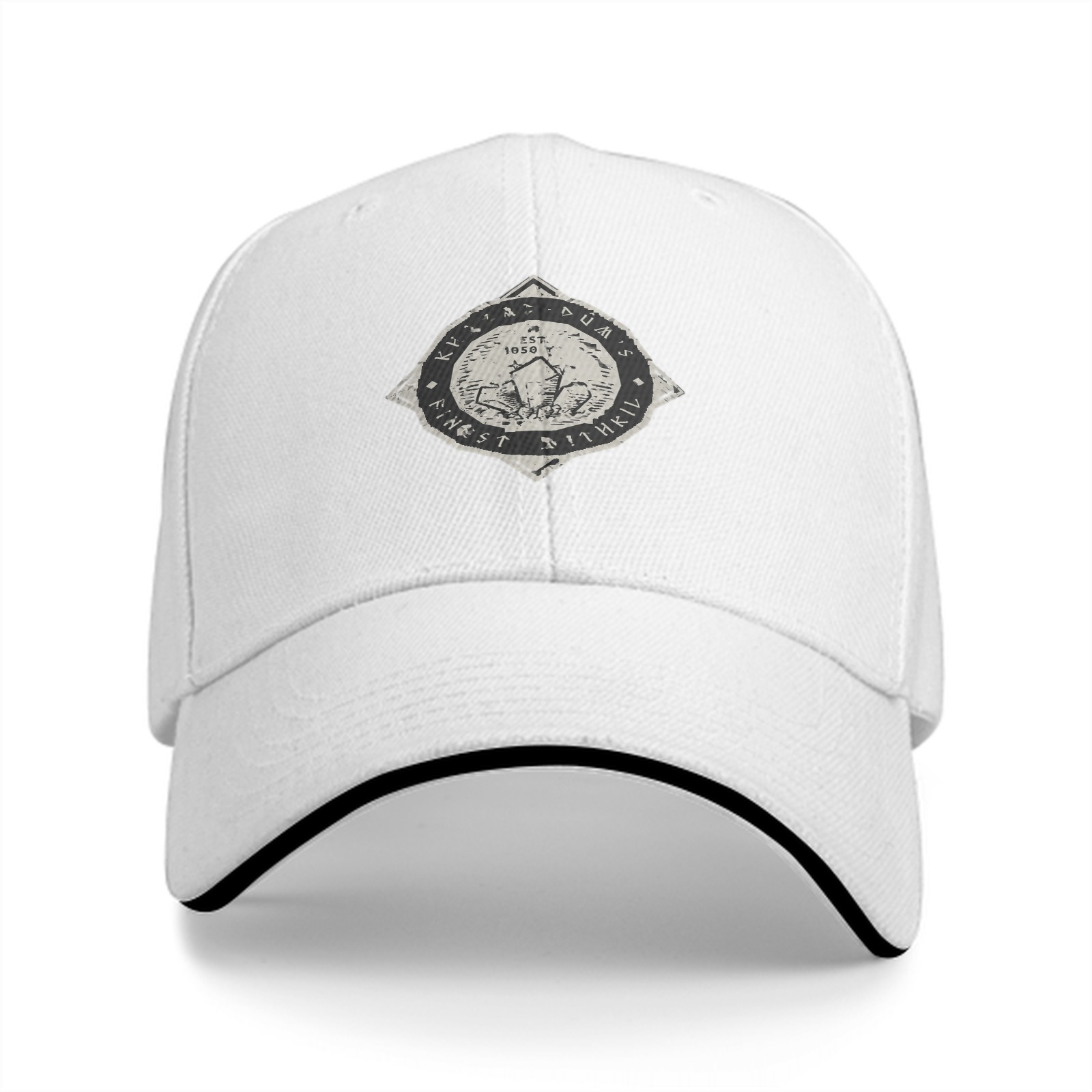 Black baseball cap with fantasy dwarven rune crest print