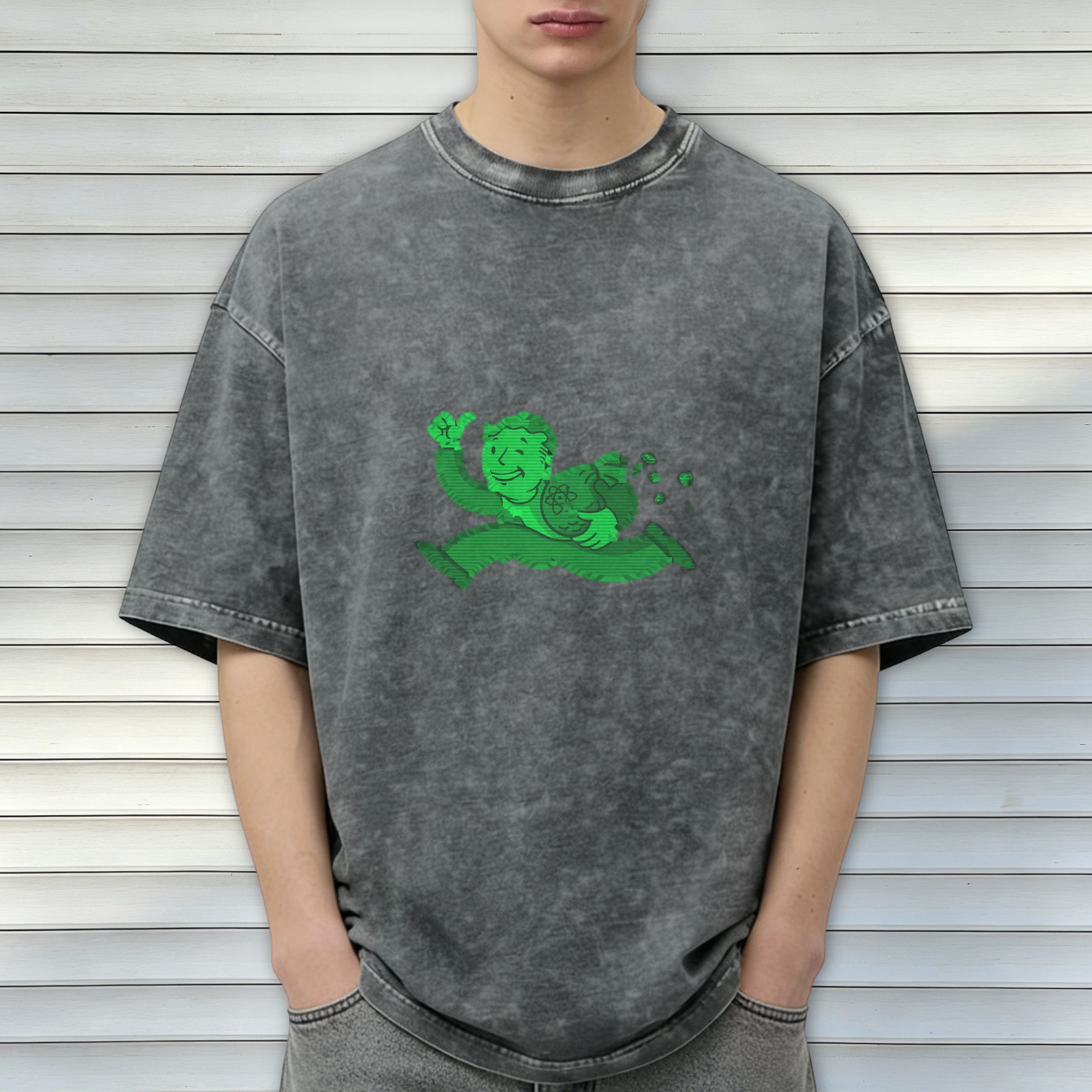 Oversized acid wash t-shirt with green Vault Boy running graphic