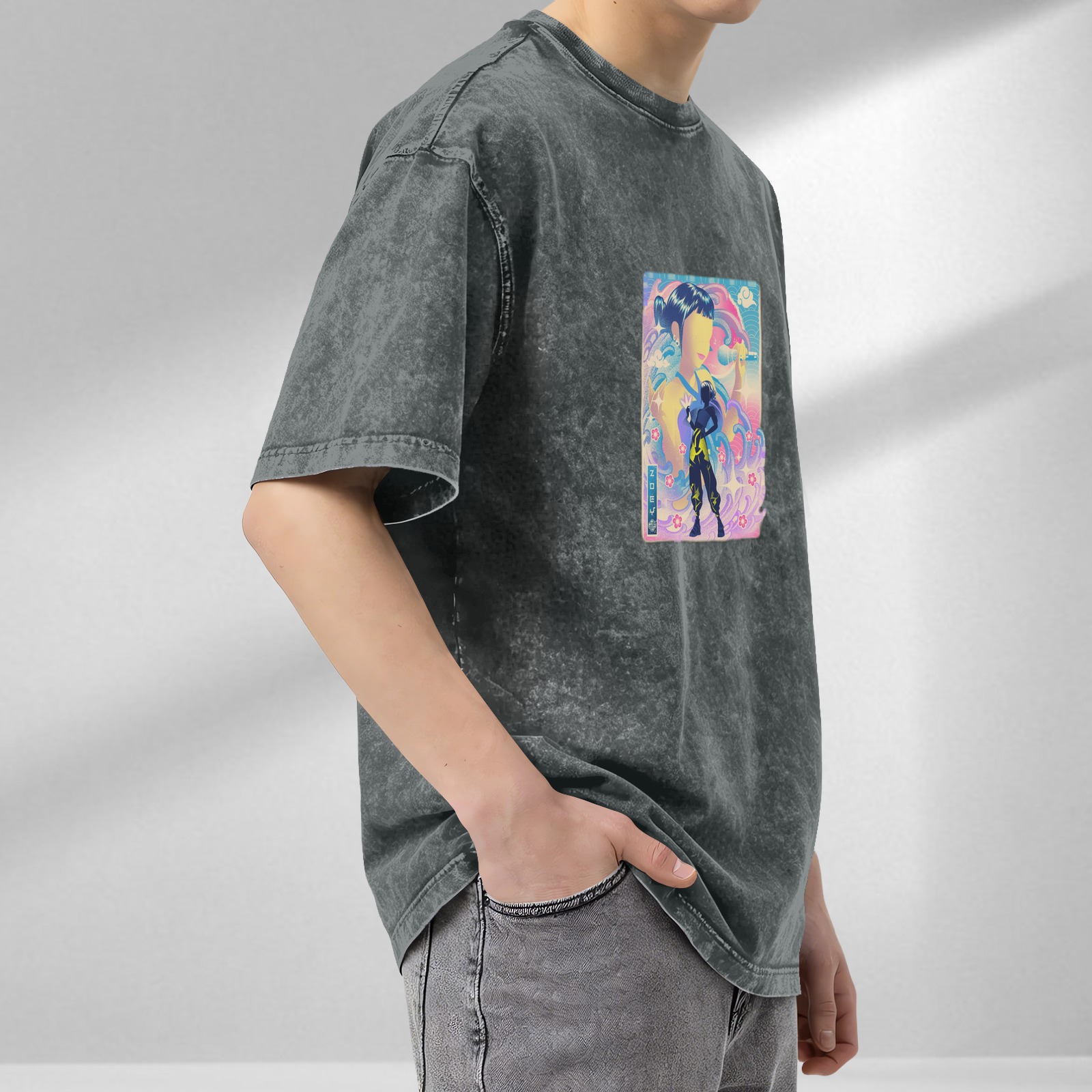 Oversized Acid Wash T-Shirt with Anime Singer Graphic Print