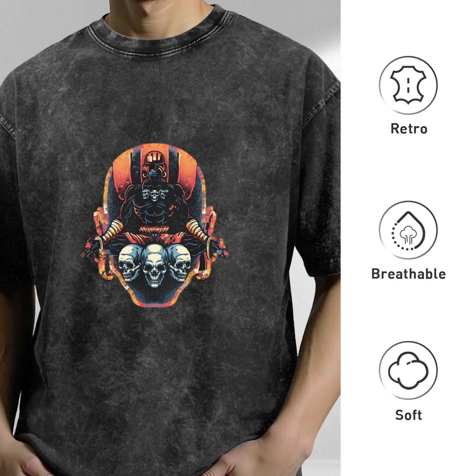 Washed Black T-Shirt With Dark Warrior And Skulls Graphic