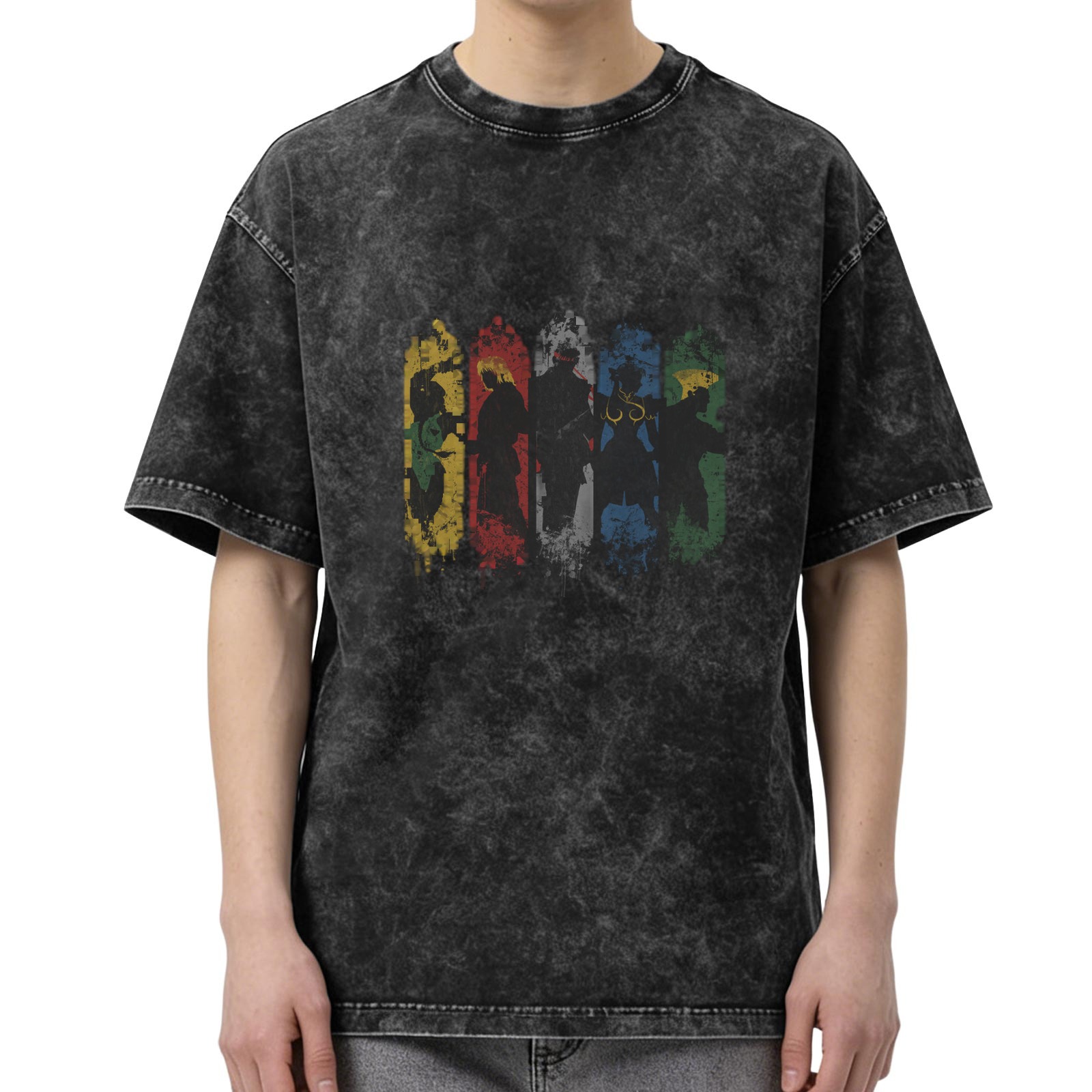 Washed Black Oversized T-Shirt With Colorful Silhouette Graphic