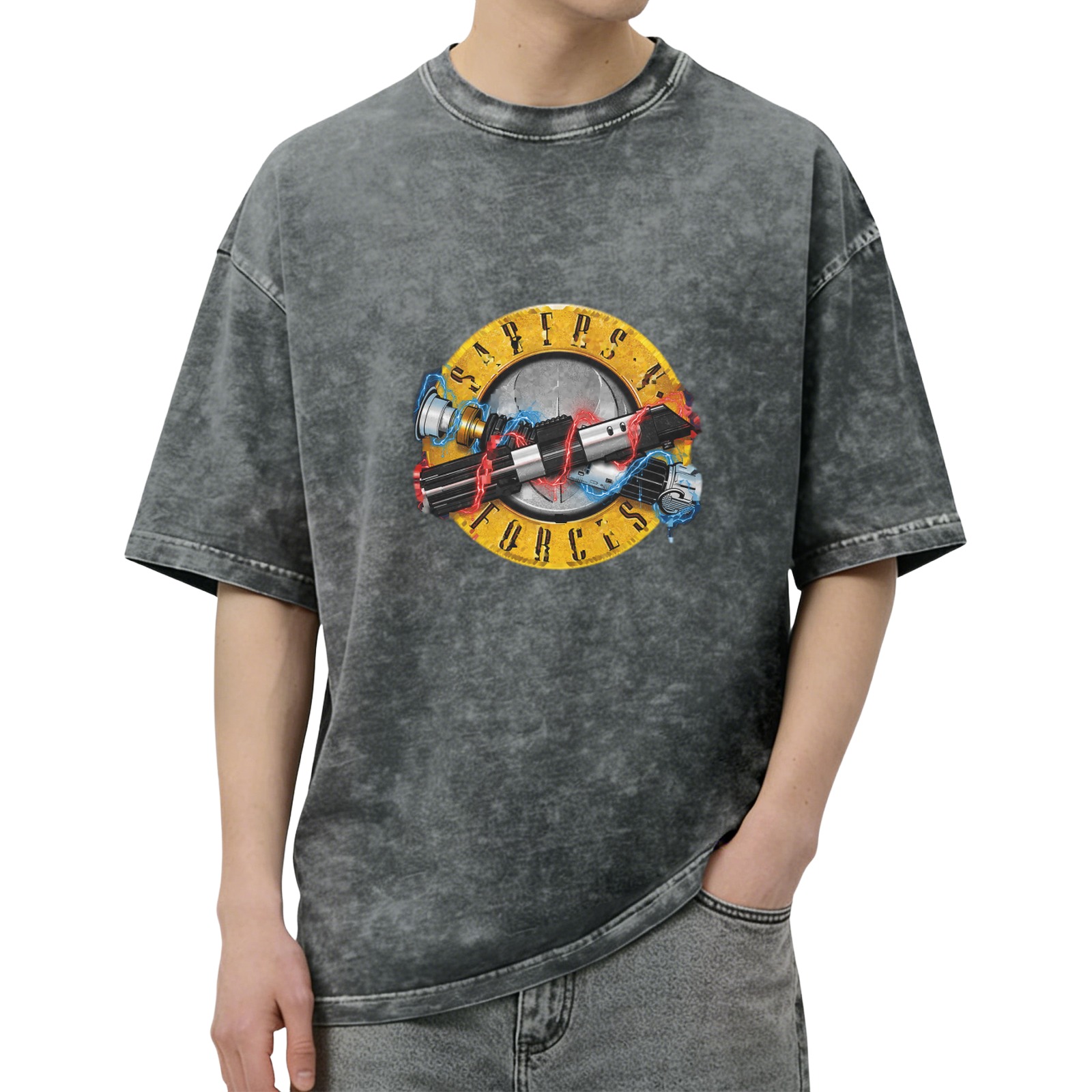 Oversized Acid-Wash T-Shirt with 'Saber's Forces' Lightsaber Graphic Print