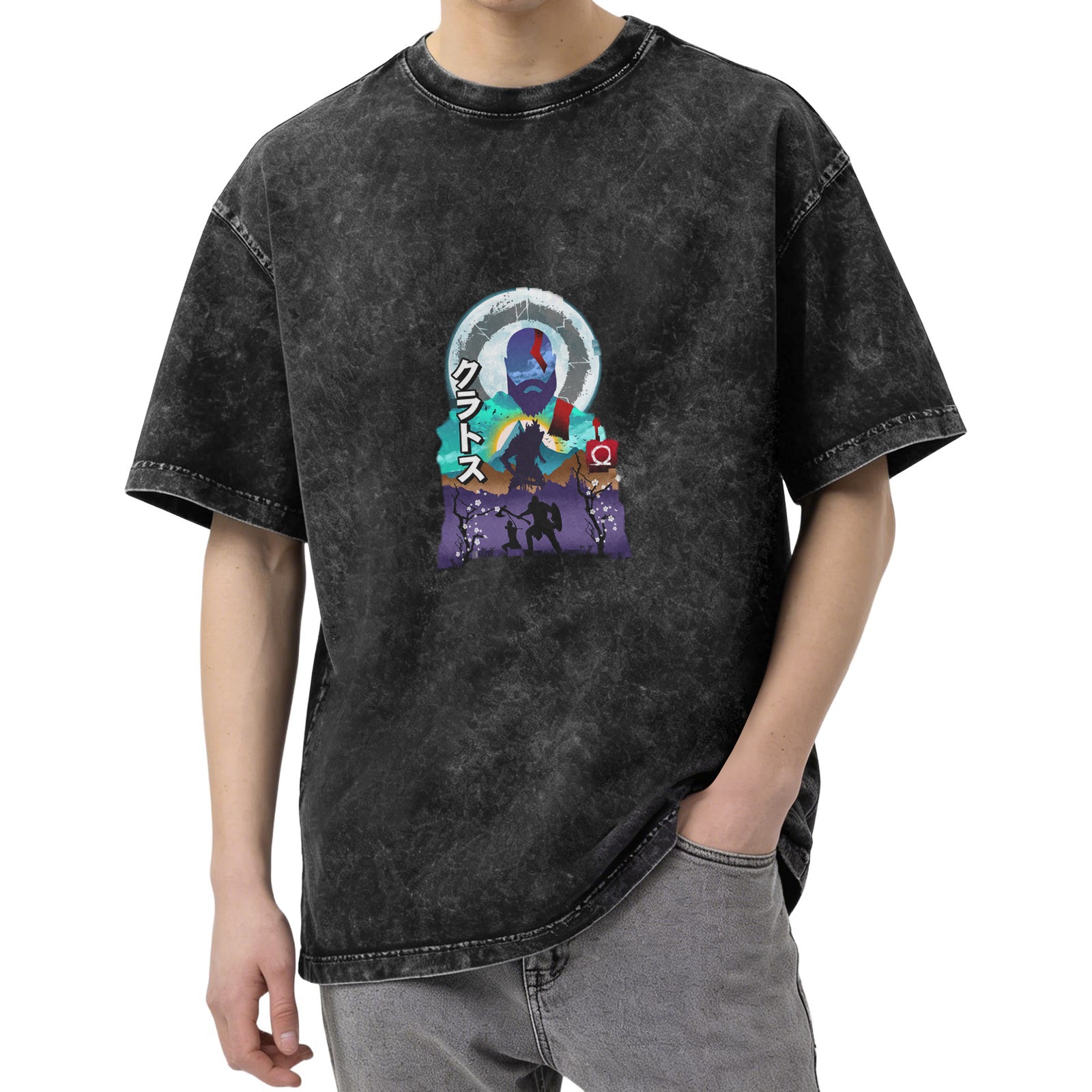 Oversized Dark Wash Graphic Tee With Norse Warrior Artwork