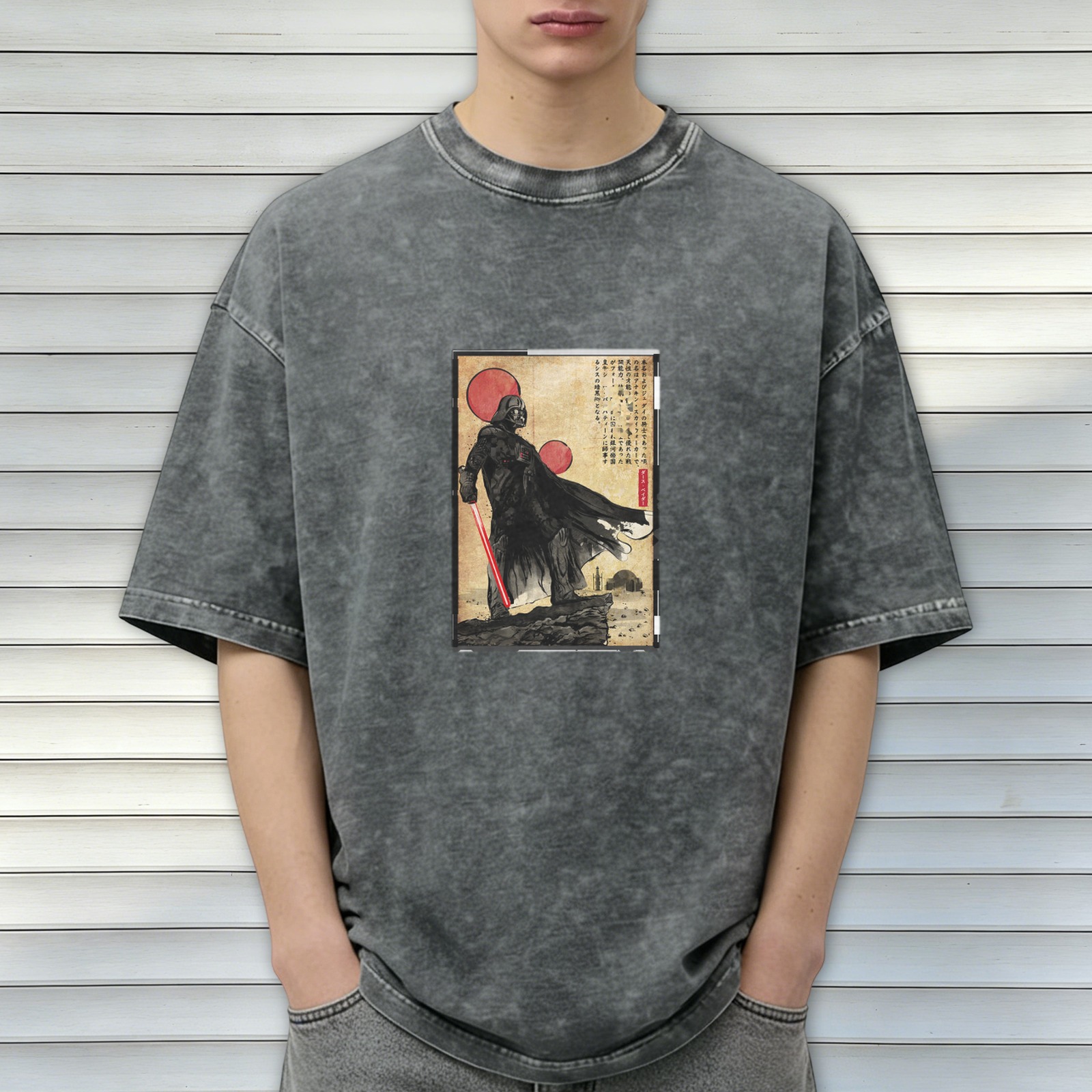 Distressed washed black loose short-sleeved T-shirt Japanese Ukiyo-e style Darth Vader pattern printed top
