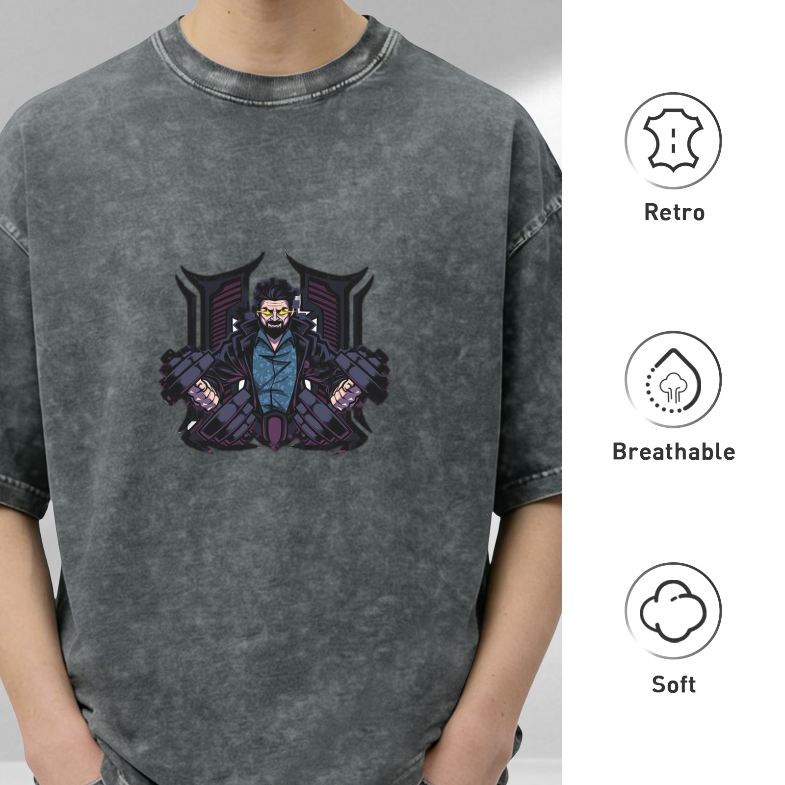 Oversized Acid Wash T-Shirt With Cyberpunk Character Graphic