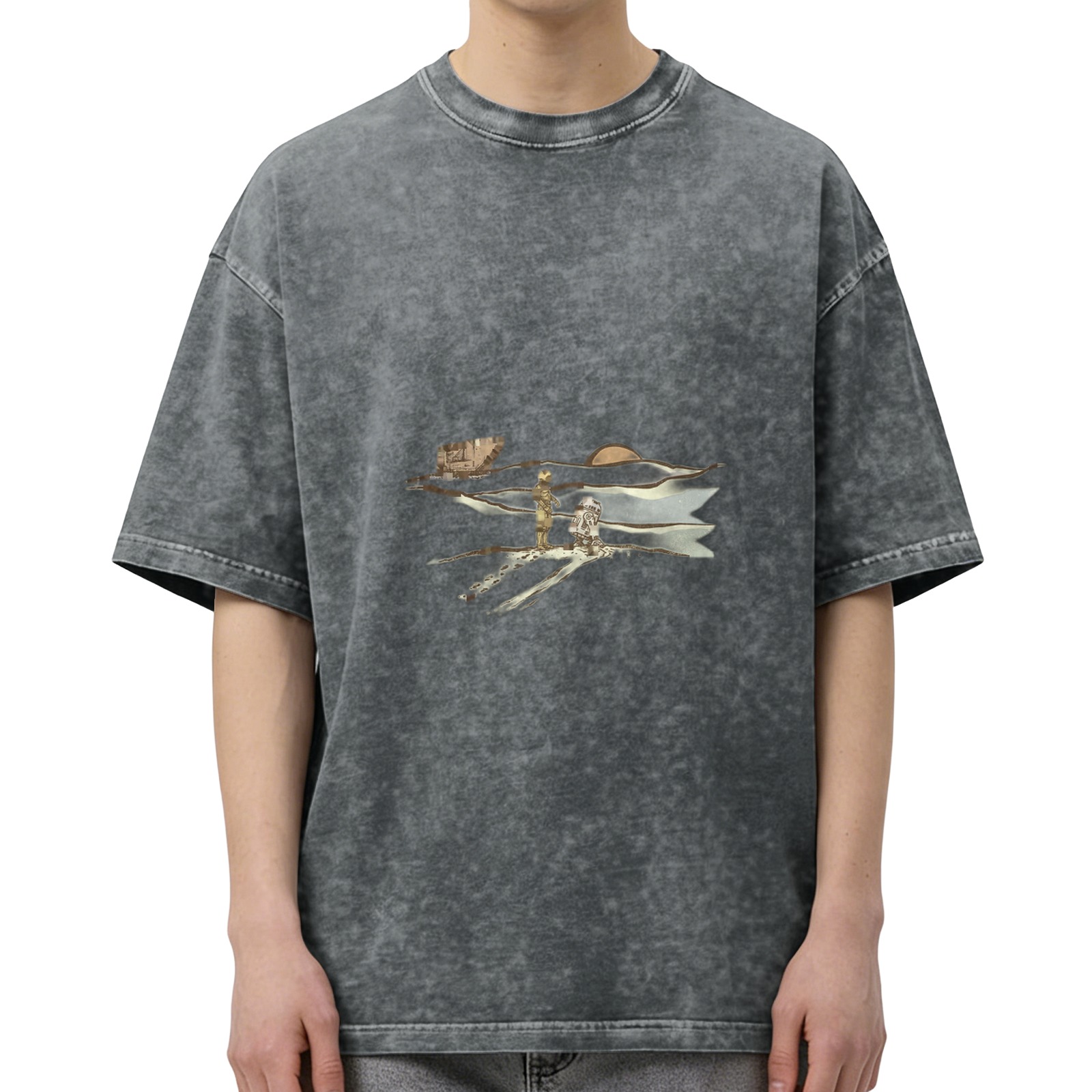 Oversized Acid-Wash Black Graphic T-Shirt with Astronaut & Landscape Print