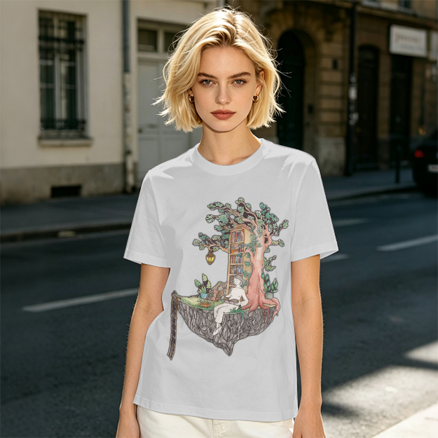 Olive t-shirt with whimsical floating treehouse reading scene print