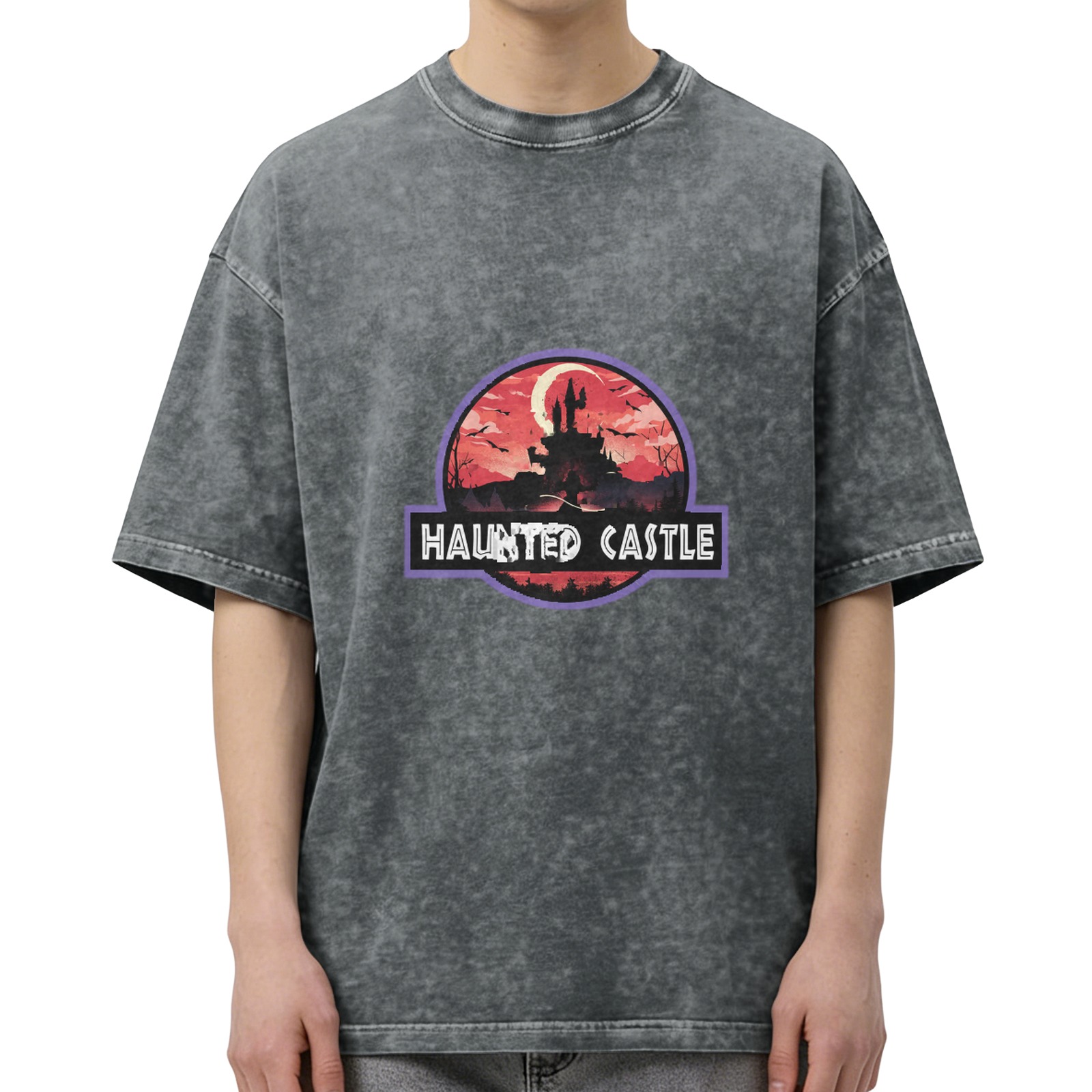 Washed Black T-Shirt with Haunted Castle Halloween Graphic