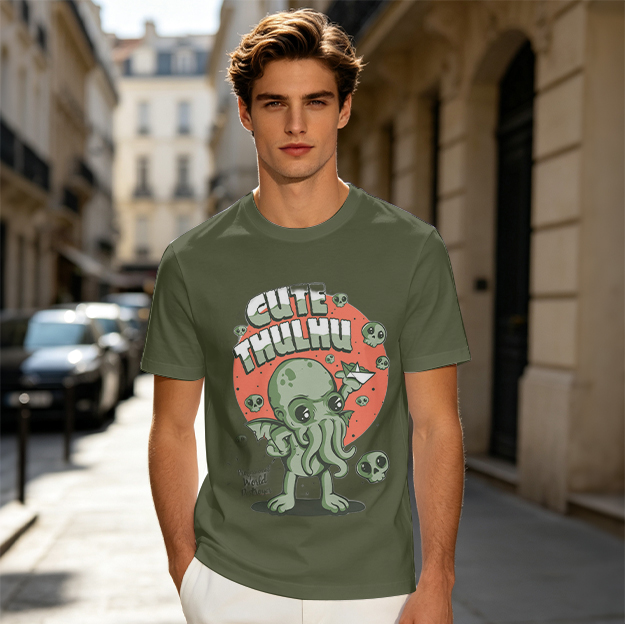Cute Thulhu Graphic Tee with Playful Monster and Skull Design