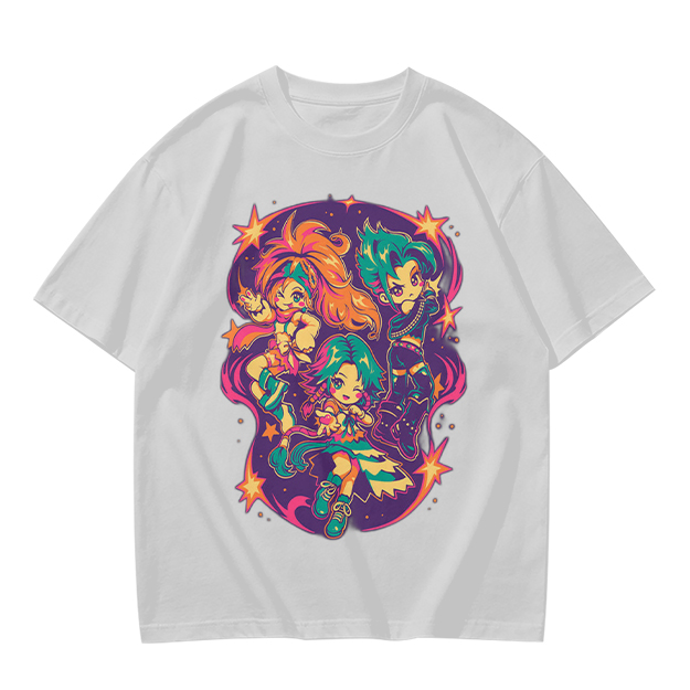 Olive T-Shirt With Vibrant Anime Chibi Characters Graphic Print