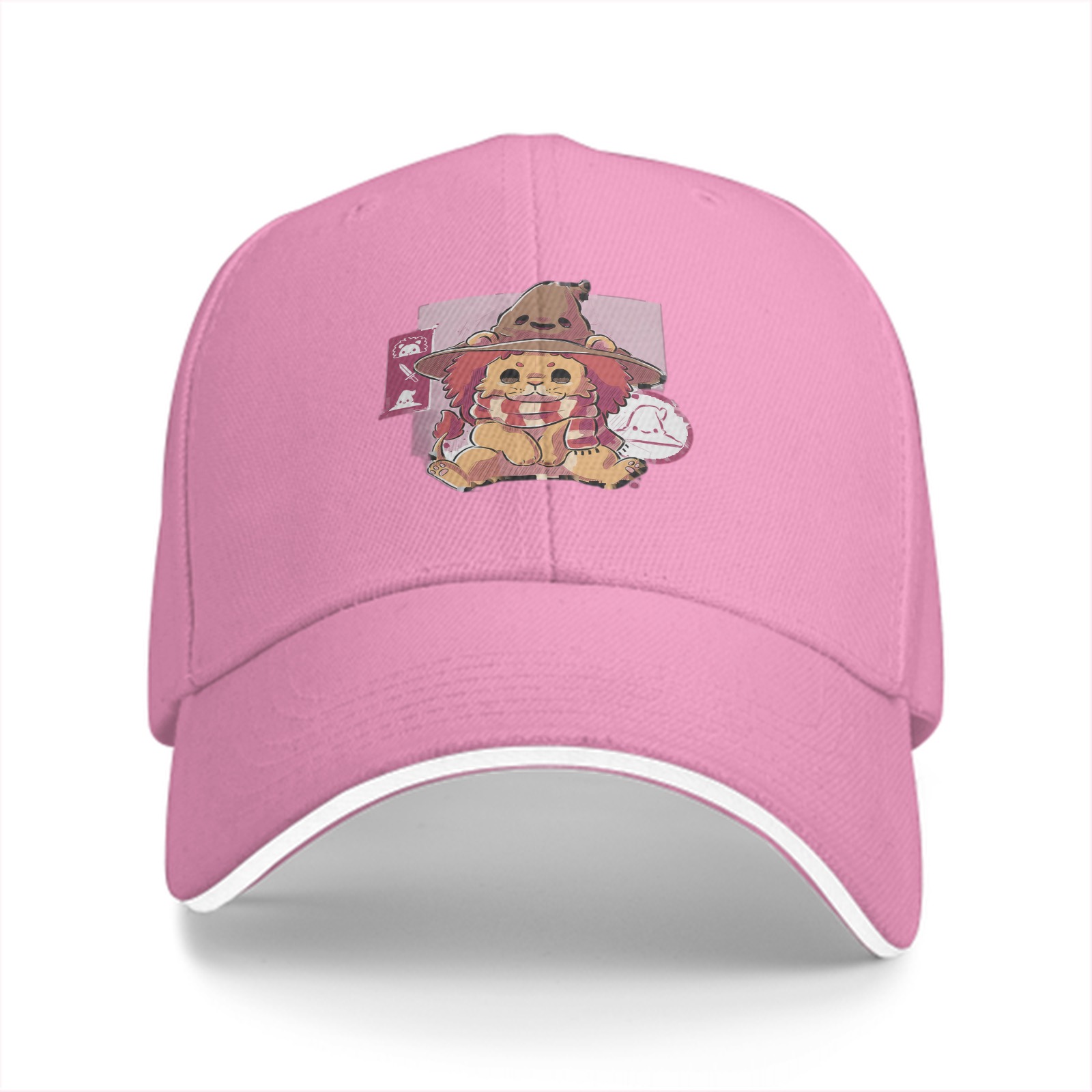 Black Baseball Cap With Cute Witch Lion Graphic Print
