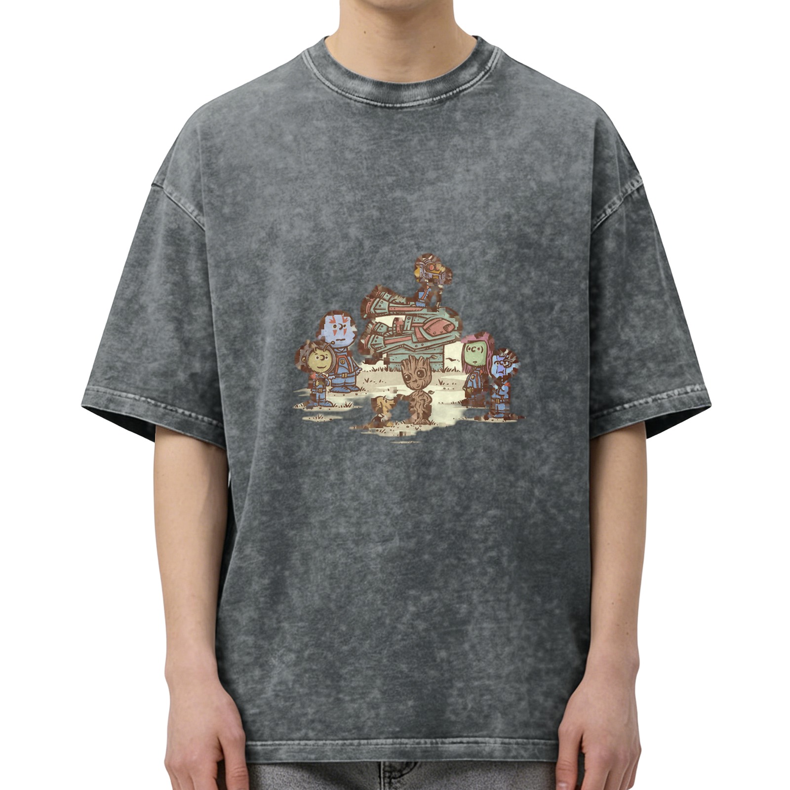 Marvel Guardians of the Galaxy Q version printed distressed washed black loose short-sleeved T-shirt