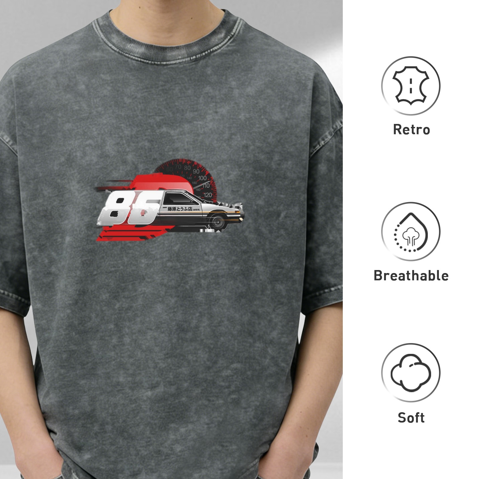 Distressed black loose short-sleeved T-shirt Initial D AE86 racing print washed retro round neck top