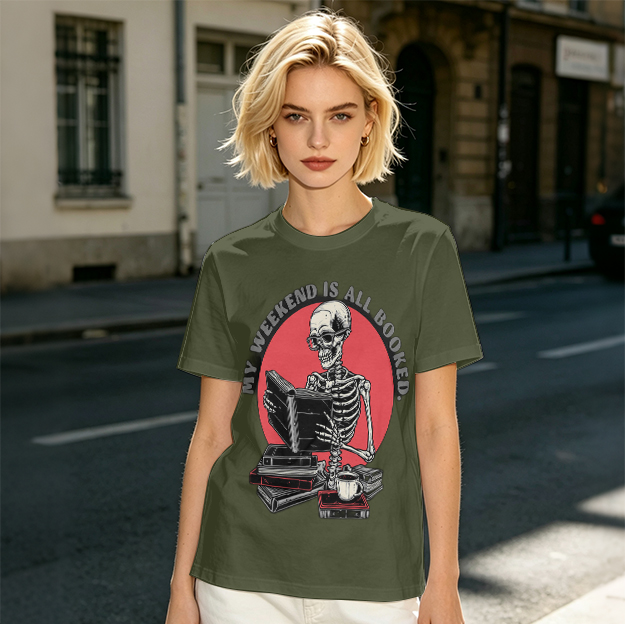 My Weekend Is All Booked Skeleton Reading T-Shirt