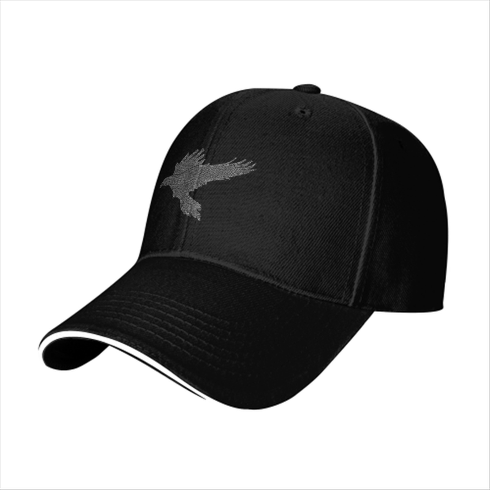 Black Baseball Cap With Grey Flying Raven Silhouette Design