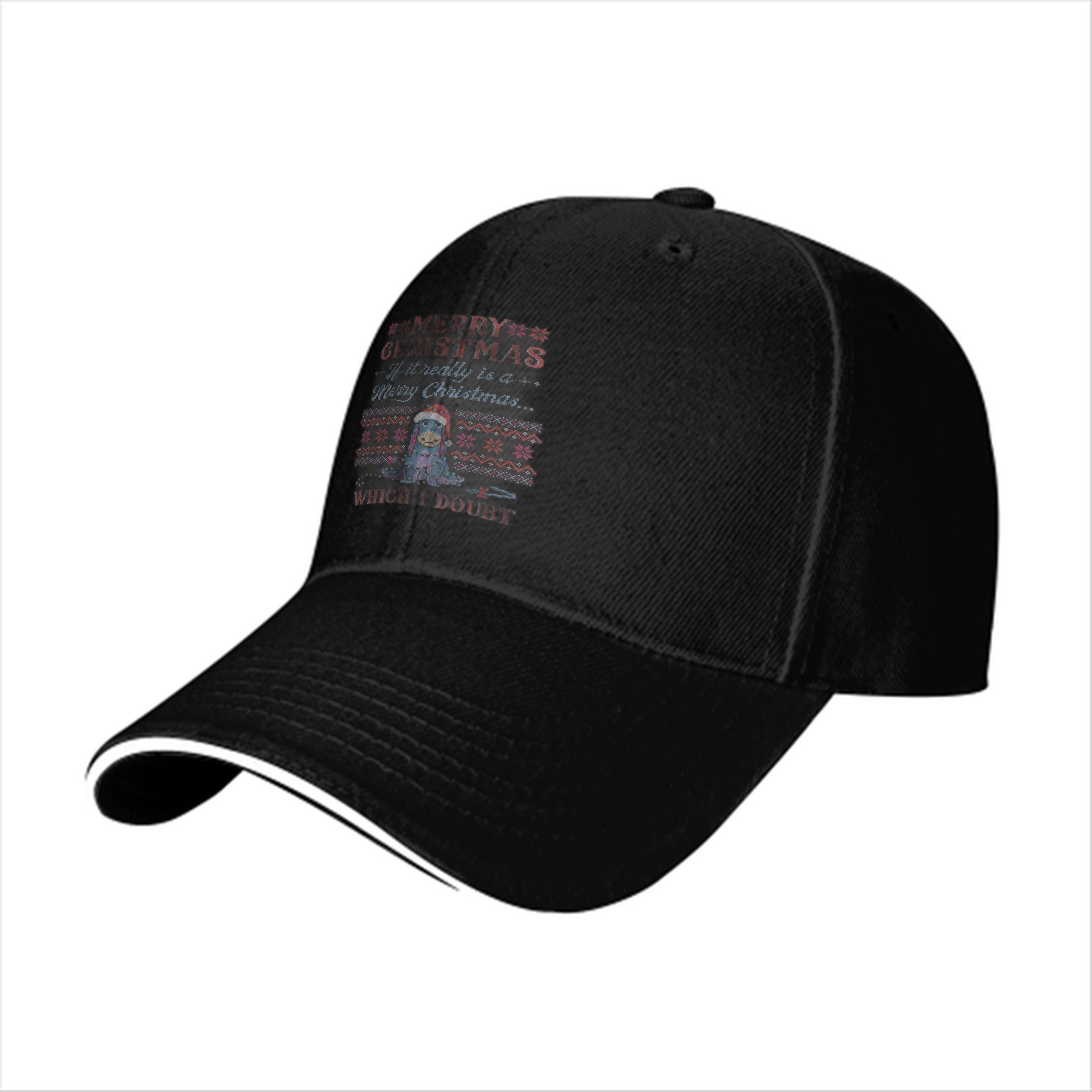 Black baseball cap with skeptical Eeyore Christmas print