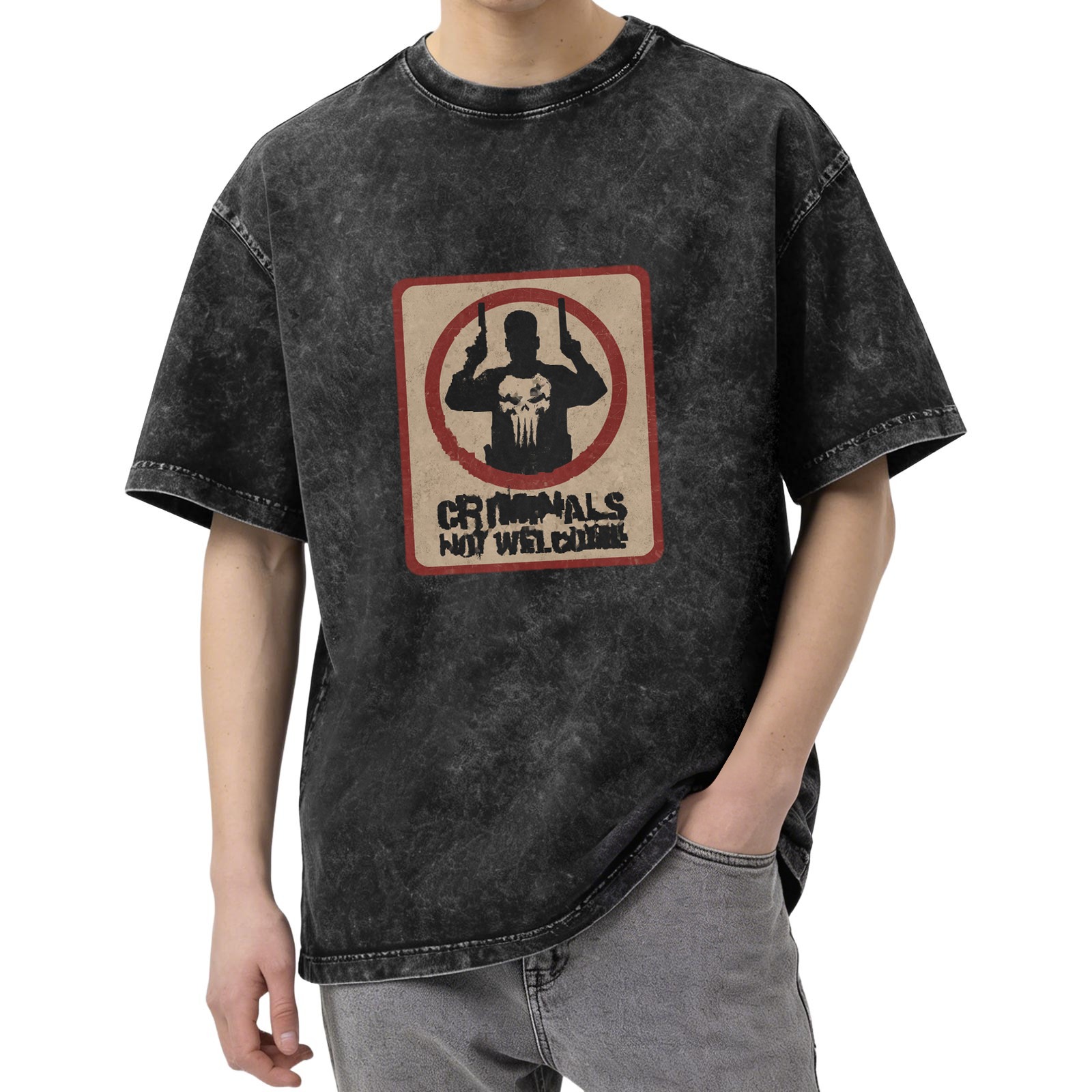 Washed black t-shirt with Punisher criminals not welcome graphic
