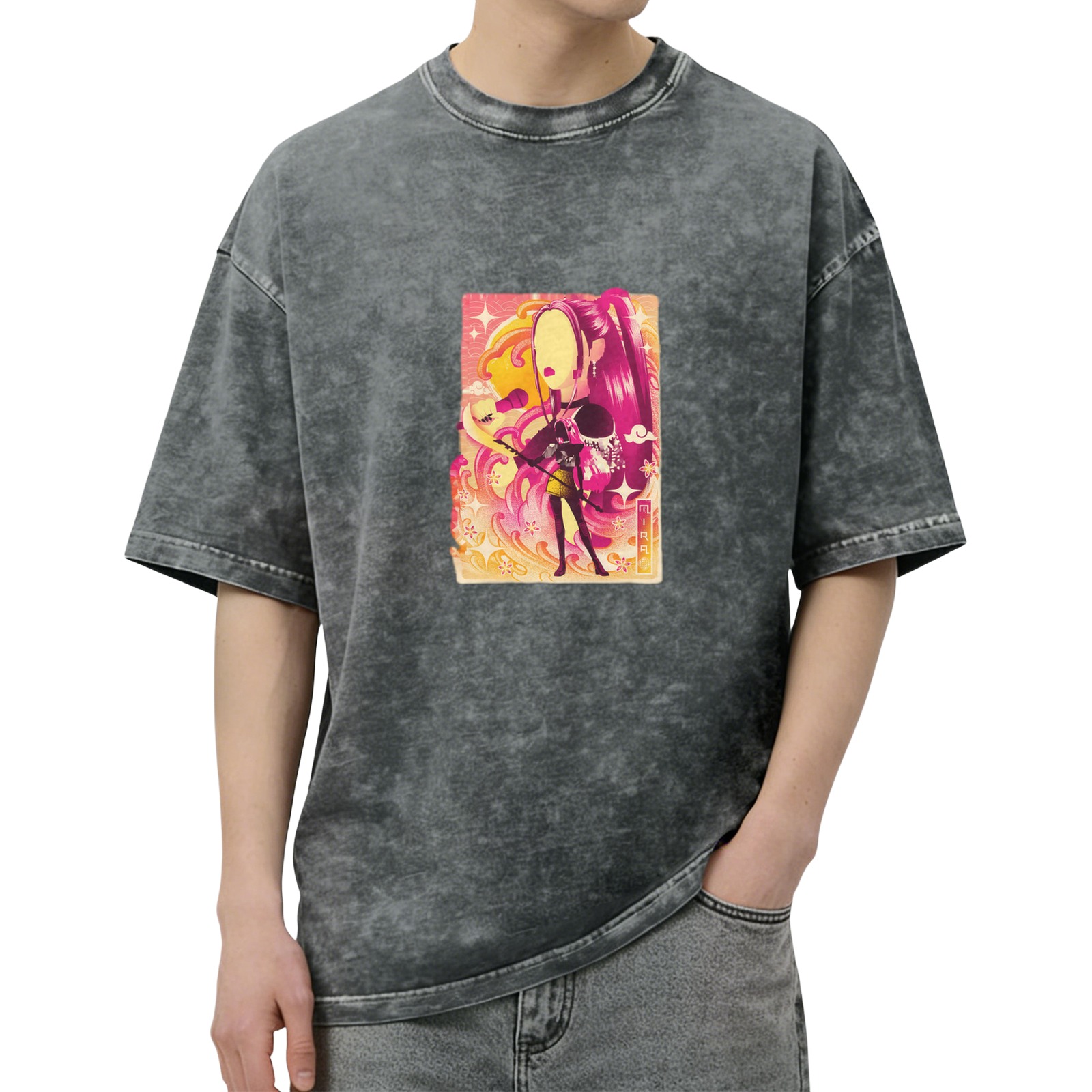 Oversized Acid Wash T-Shirt With Anime Style Graphic Print