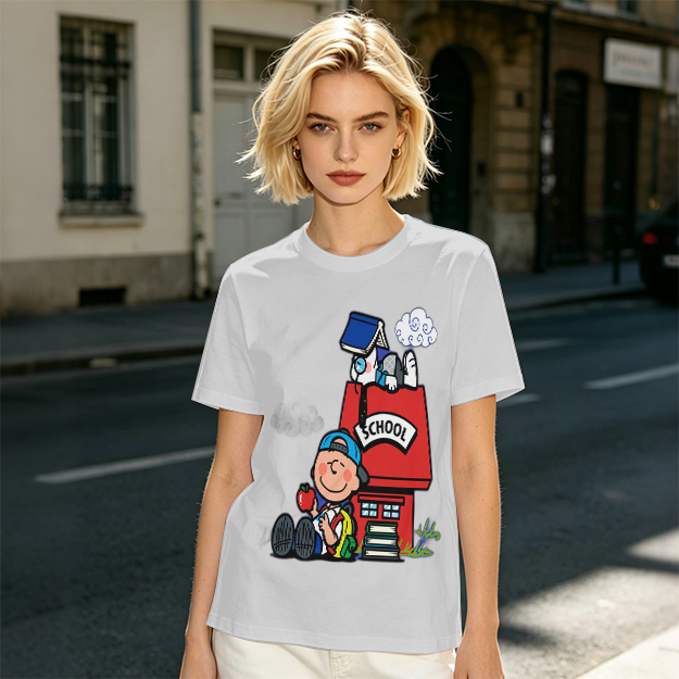 Olive T-shirt with Charlie Brown and Snoopy School Print