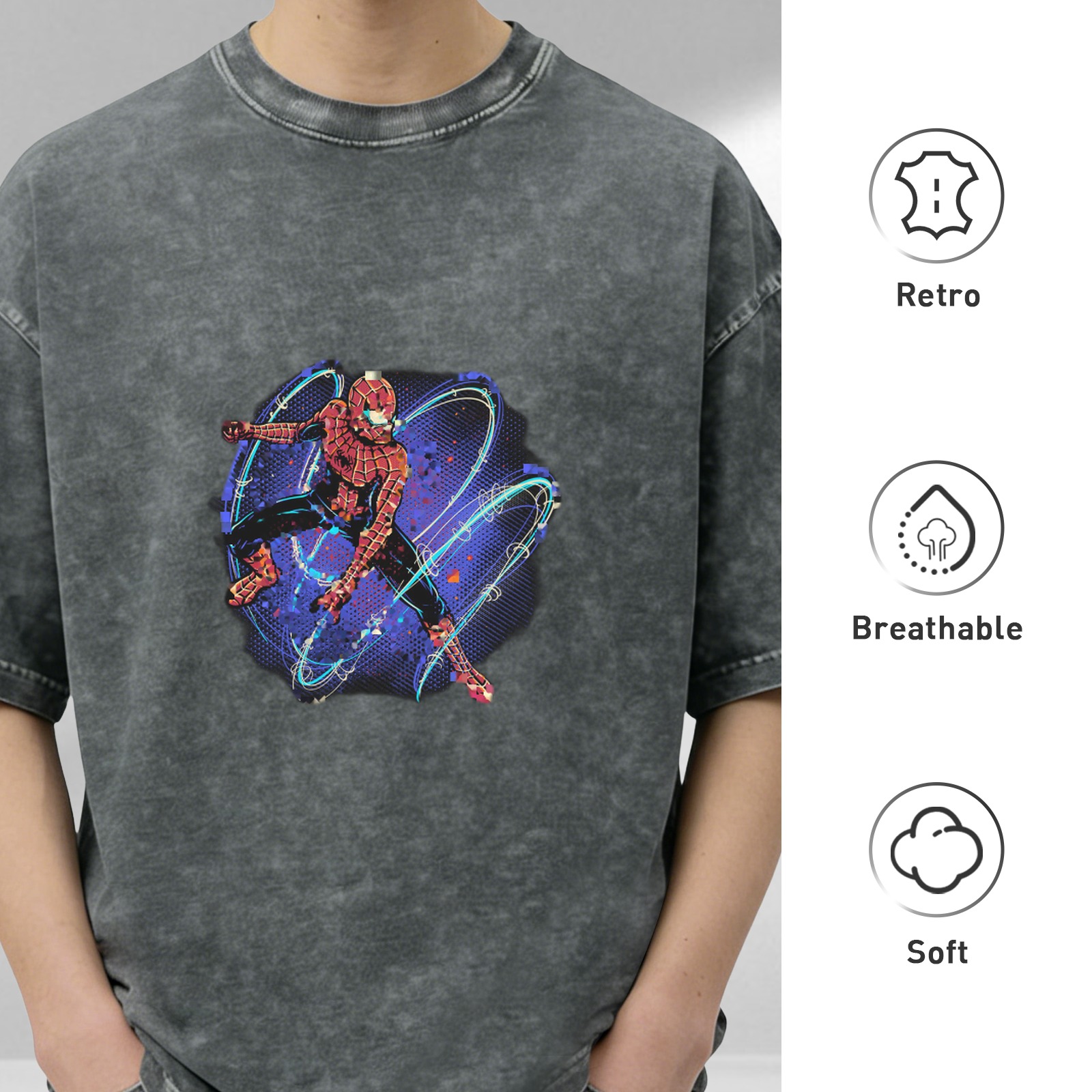 Washed black oversized t-shirt with Spider-Man graphic print