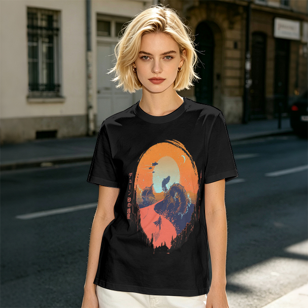 Olive T-Shirt with Sunset Mountain Wolf Silhouette Art Print