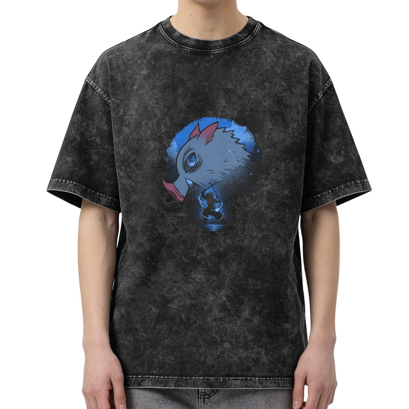 oversized dark washed t-shirt with anime boar head graphic
