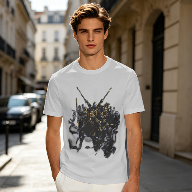 Olive T-Shirt with Fantasy Warrior Group Graphic Print