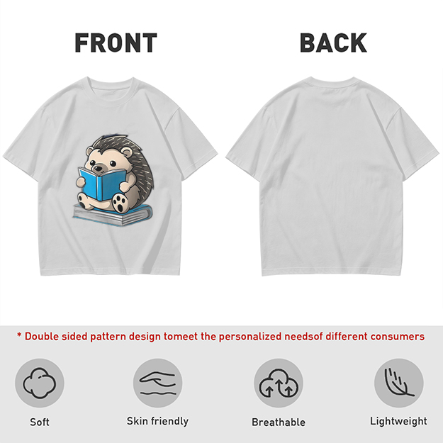 Olive T-shirt with Cute Hedgehog Reading a Book Graphic
