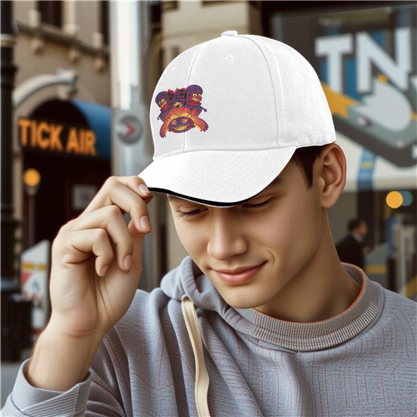 Black Baseball Cap With Halloween Witch And Ghosts Graphic