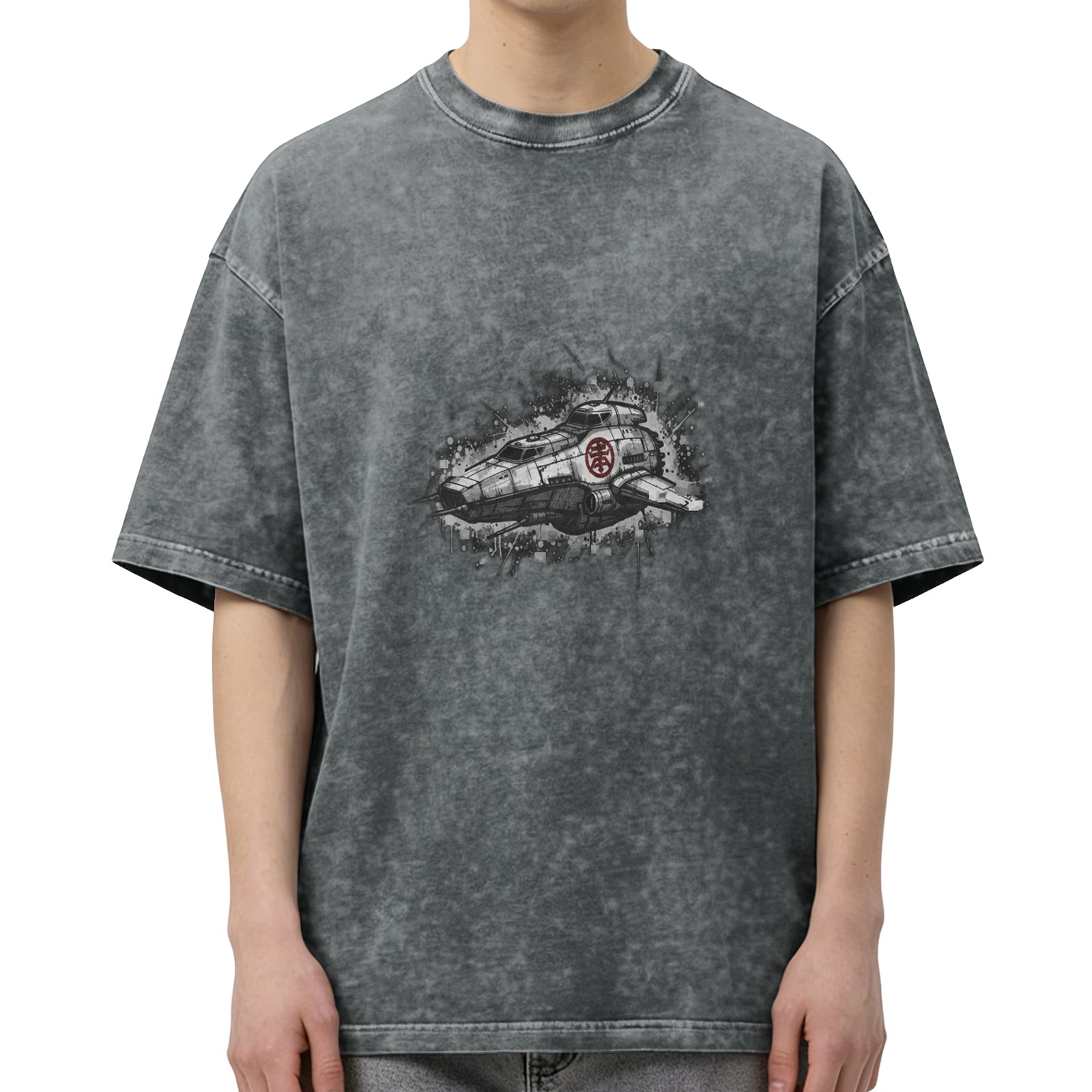 Washed Black Oversized T-Shirt With Sci-Fi Spaceship Graphic Print