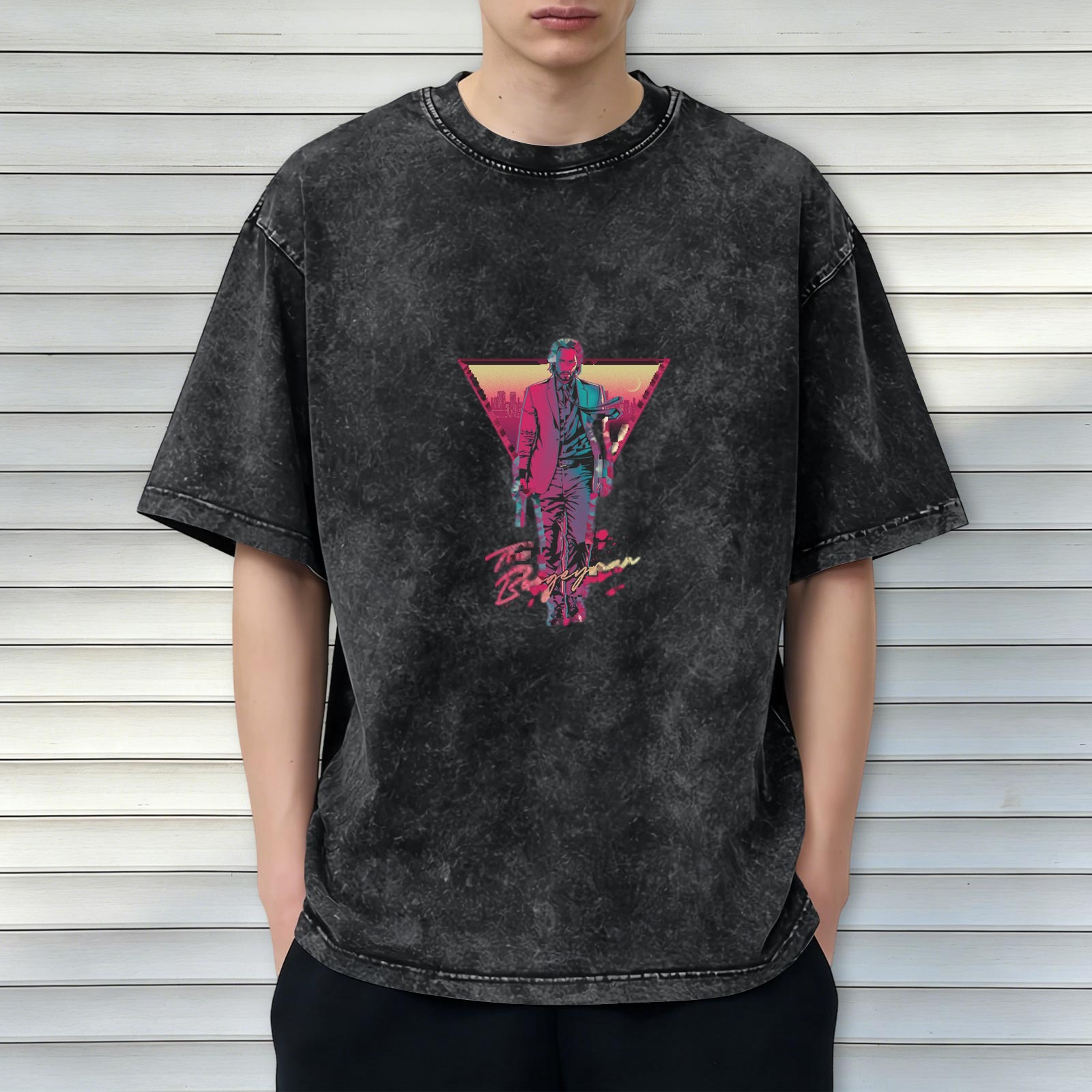 Distressed washed black short-sleeved T-shirt Retro neon style John Wick graphic printed top