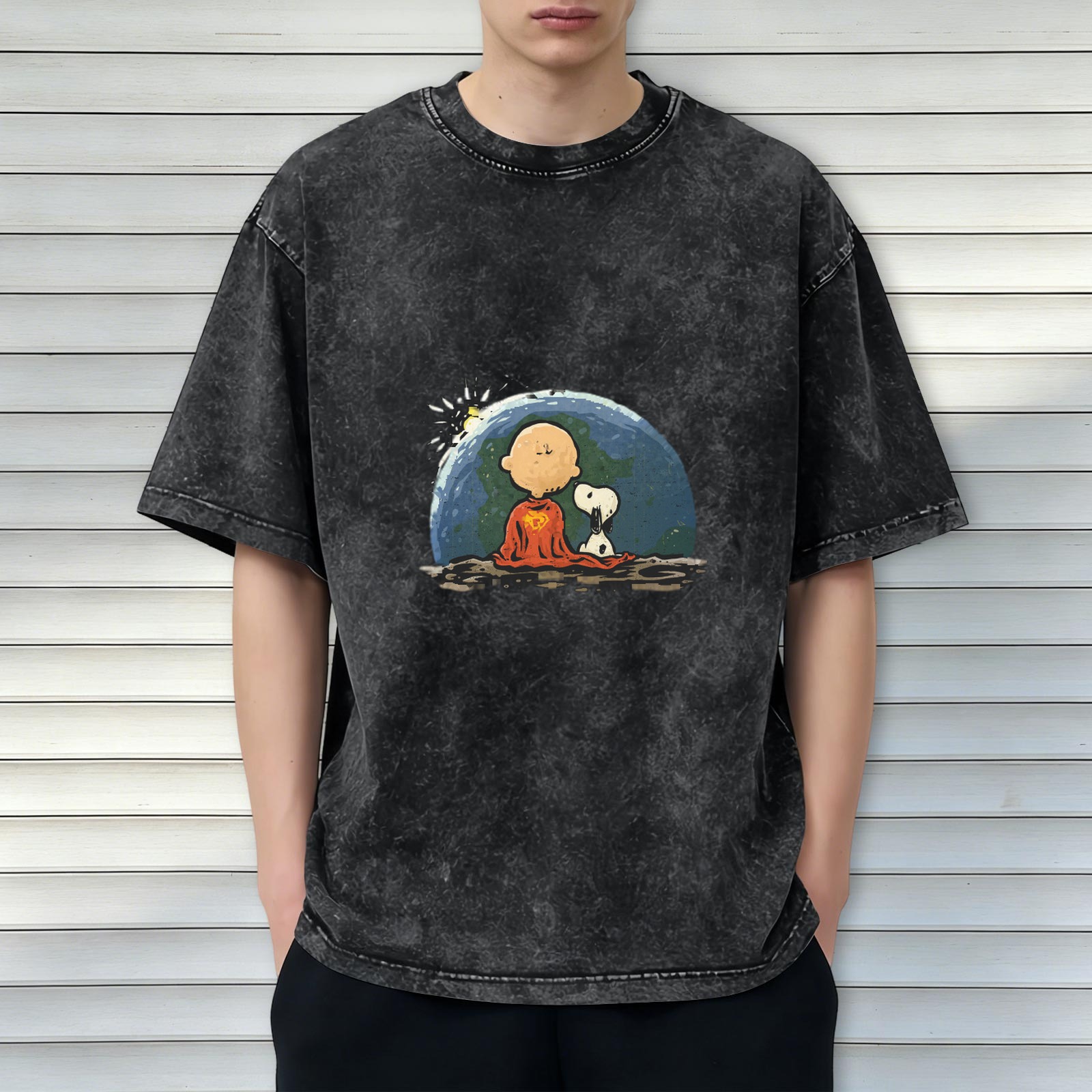 Washed distressed black loose short-sleeved T-shirt Peanuts comic Charlie Brown Snoopy printed top