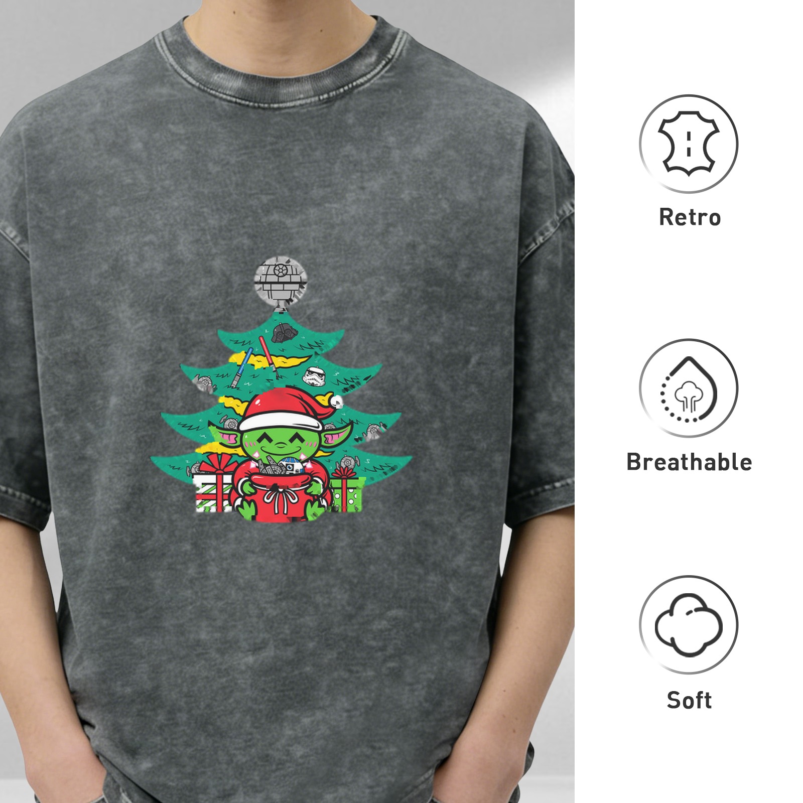 Washed Black T-Shirt with Star Wars Themed Christmas Yoda Design