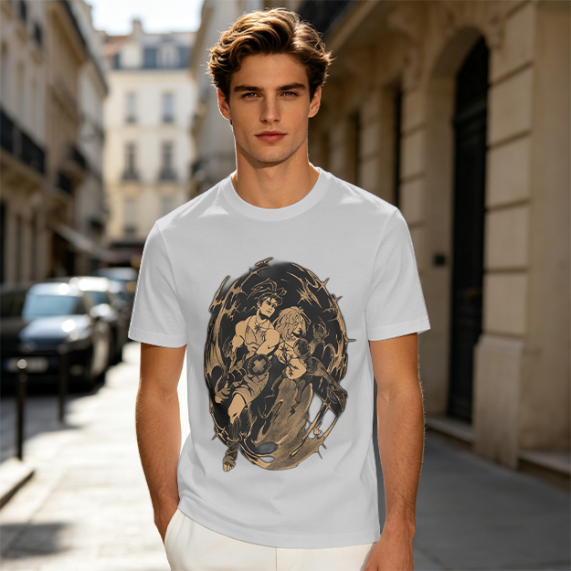 Olive Graphic Tee with Dynamic Anime Character Art Print