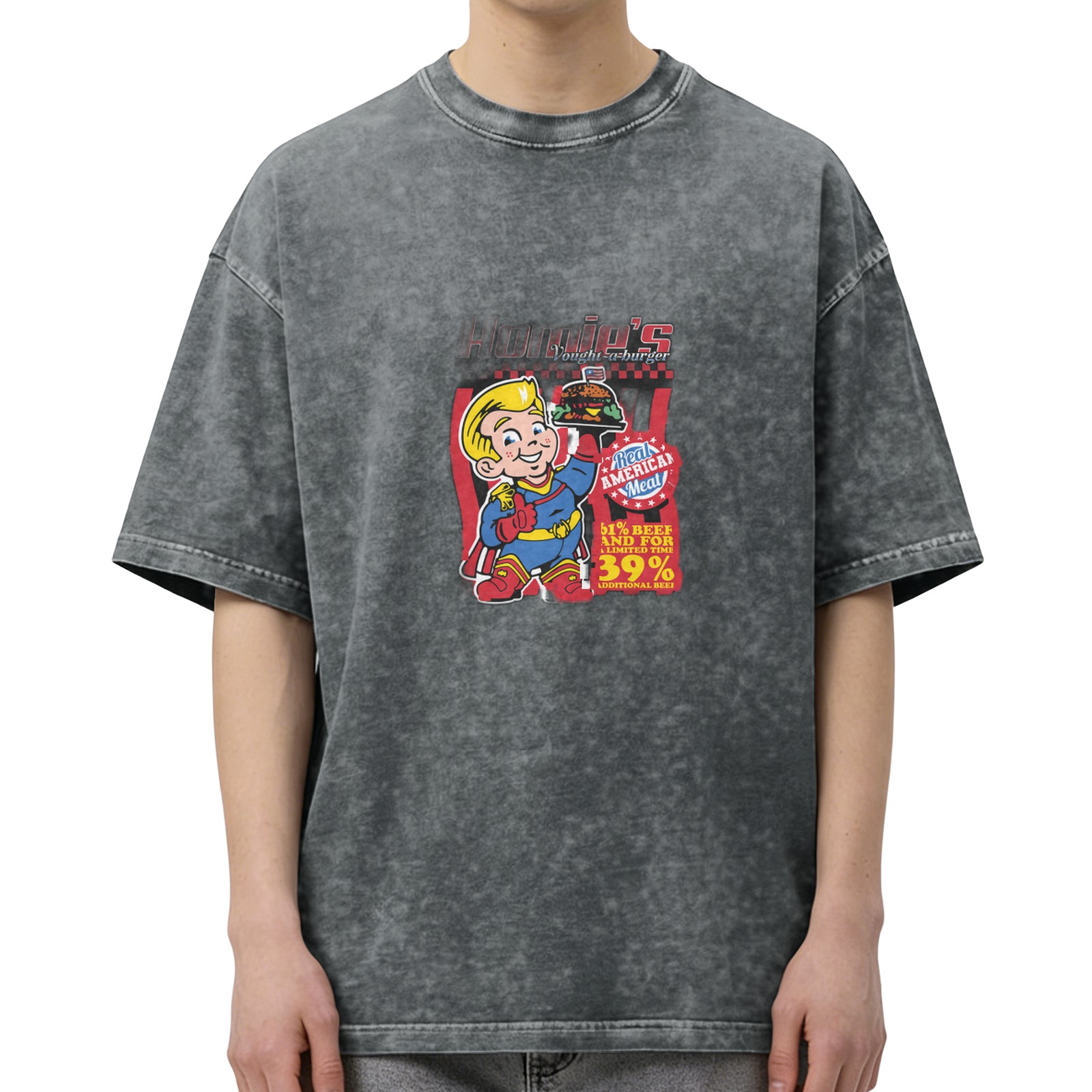 Vintage Acid Wash T-Shirt With Retro Fast Food Superhero Print