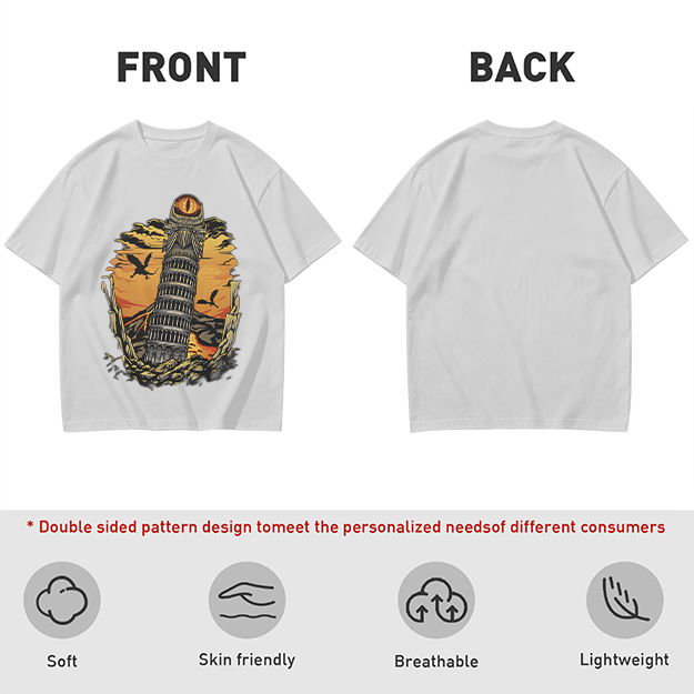 Ominous tower with eye and flying creatures graphic t-shirt