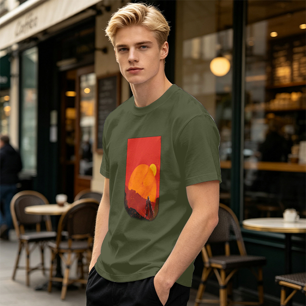 Olive T-Shirt with Desert Sunset Silhouette Graphic