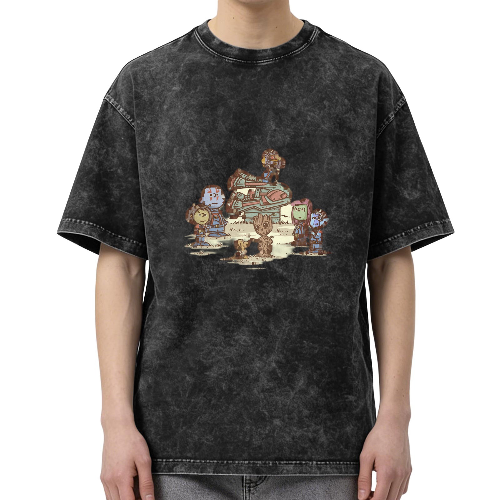 Marvel Guardians of the Galaxy Q version printed distressed washed black loose short-sleeved T-shirt