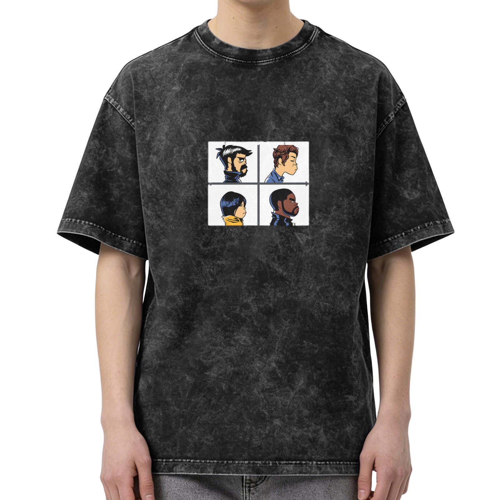 Distressed black short-sleeved T-shirt, four-frame cartoon character print, loose casual top
