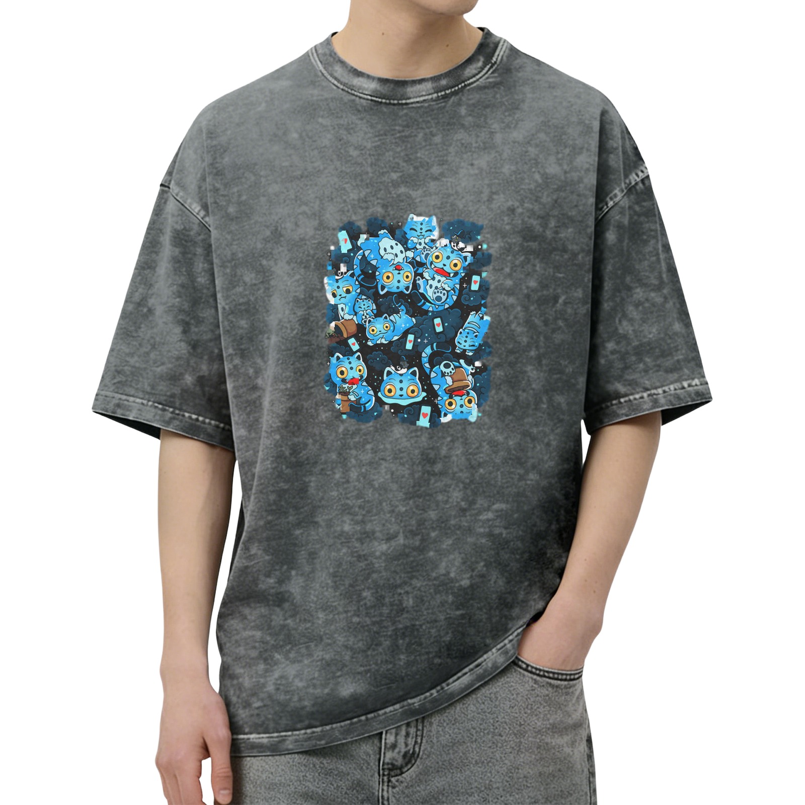 Oversized Vintage Wash Black T-Shirt with Blue Cute Cat Graphic Print