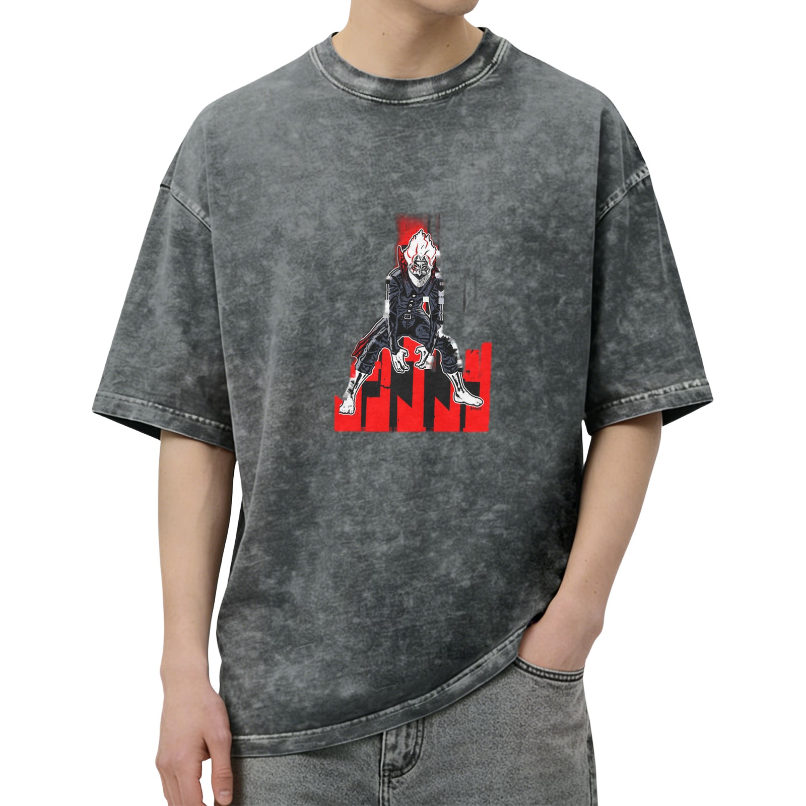 Oversized dark washed graphic t-shirt with anime villain print