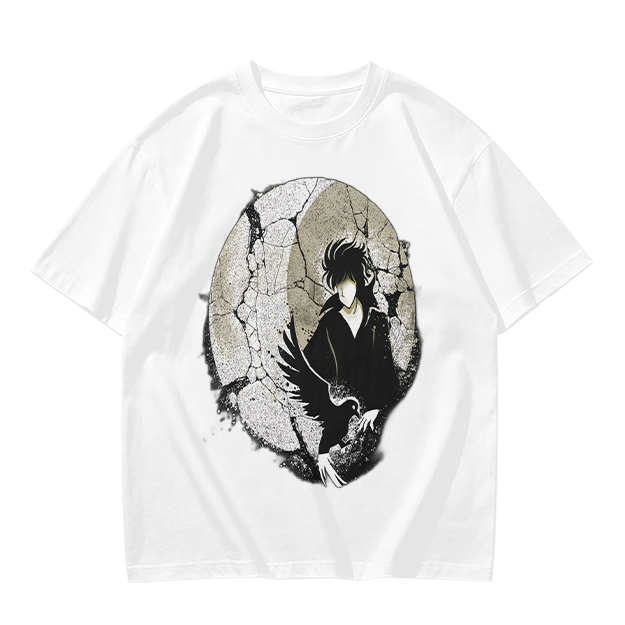 Olive T-shirt with Dark Anime Character and Raven Print