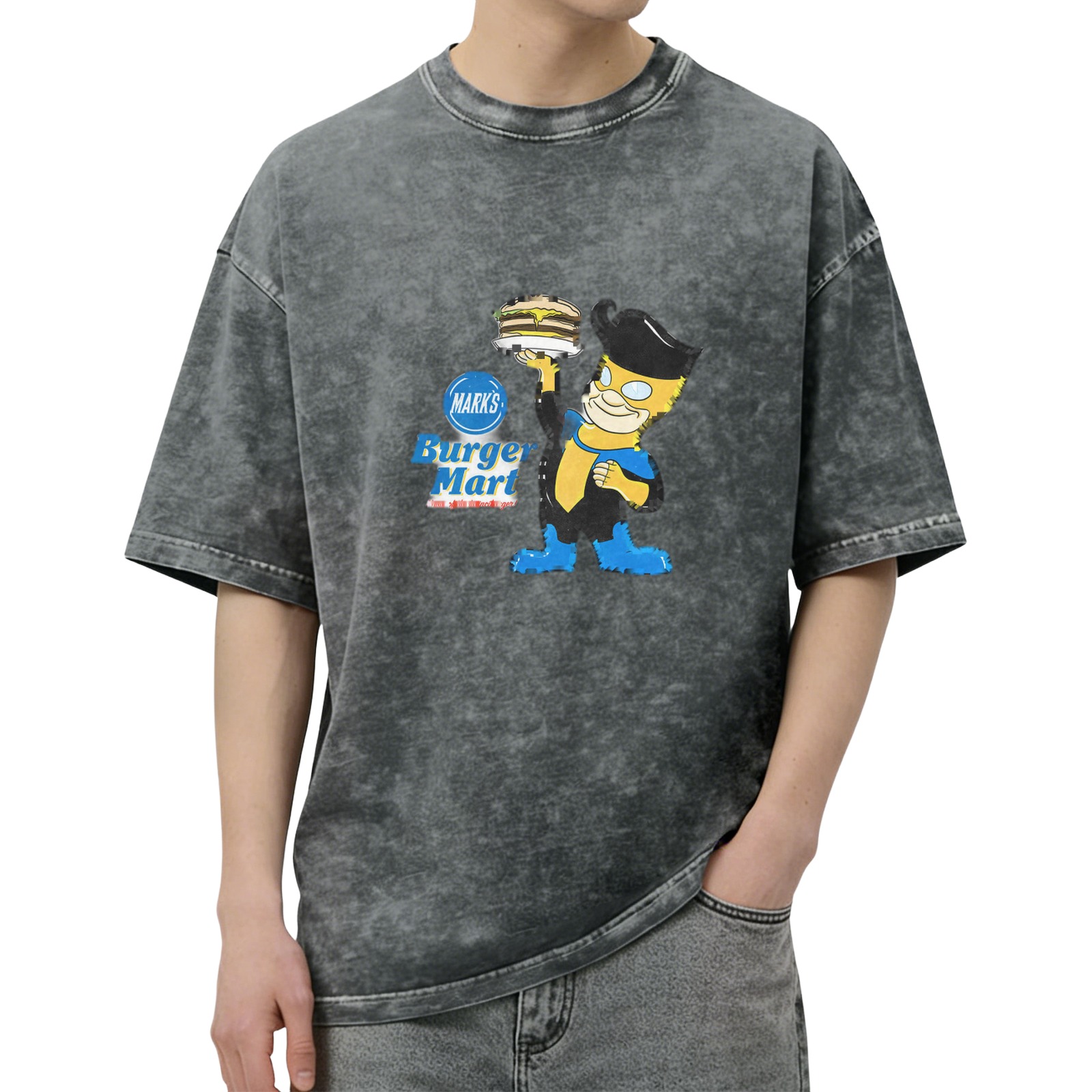 Oversized Acid Wash T-Shirt with Burger Mart Bart Simpson Print