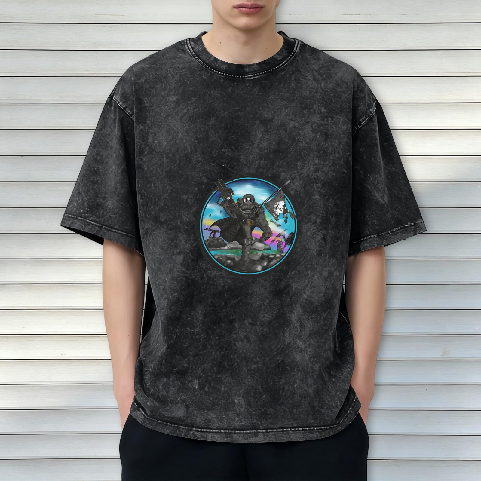 Oversized Black Acid Wash T-Shirt With Cyber Gorilla Pirate Graphic