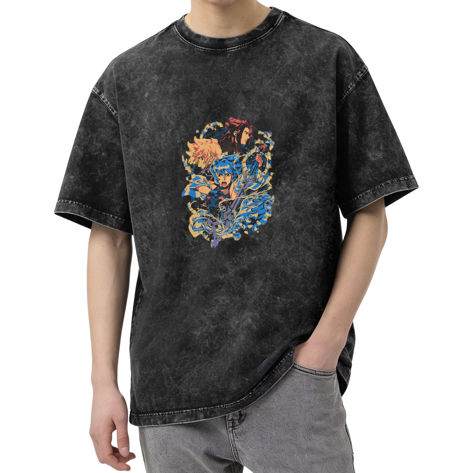 Anime Character Graphic Washed Black Oversized T-Shirt