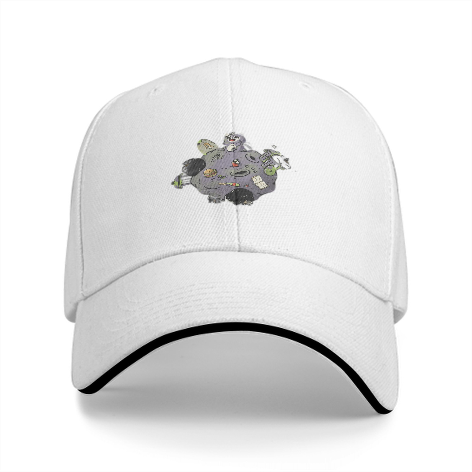 Black Baseball Cap With Whimsical Space Creature Asteroid Print